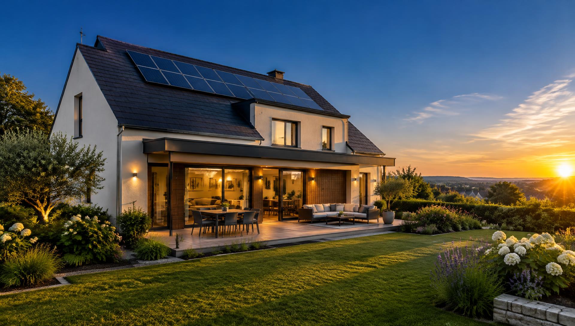 Maison contemporaine française équipée de panneaux solaires, en fin de journée